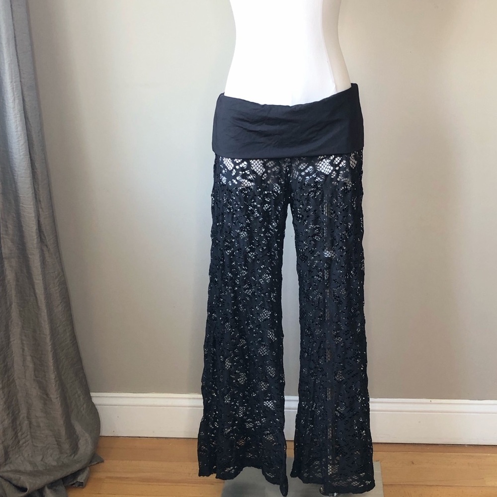 Black Lace Fold over waistband pull on wide leg cover up beach pants L